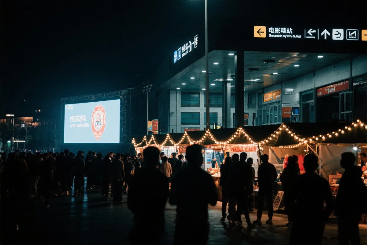 费城球迷广场夜景：大屏观赛人群、步行指示牌与公共交通入口